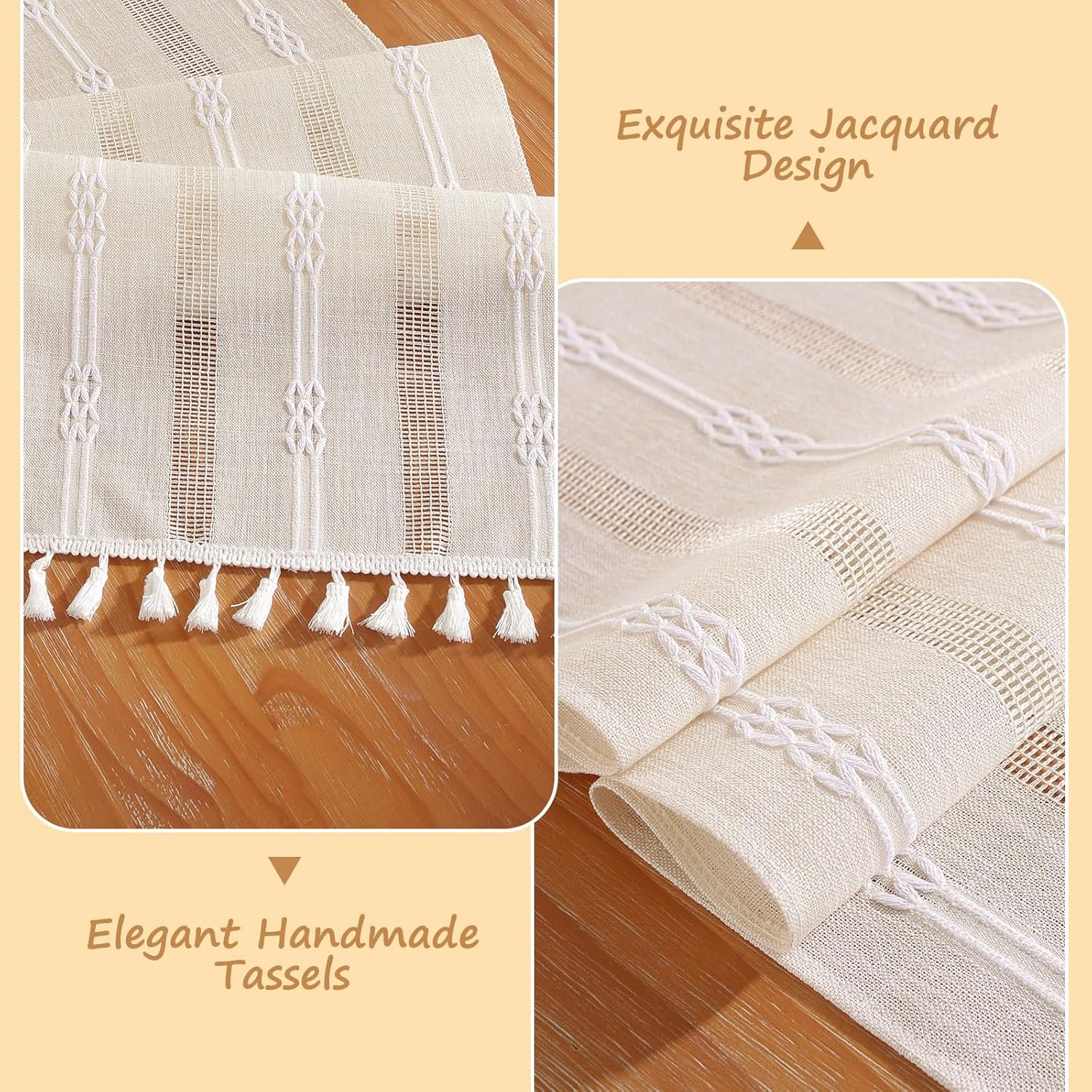 Bigqin Table Runner with Tassels 183 X 33Cm Farmhouse Table Cloth Cotton Linen Table Decoration for Holiday Party Wedding and Dining Decorations, 72 X 13 Inch, Ivory