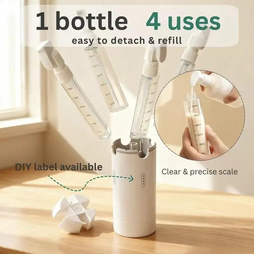 4 in 1 Travel Dispenser Bottle, 30ML with Suction Cup, Proof Refillable Toiletry Container with Scale and Label, Clean Compact Convenient, Shampoo Conditioner Storage for Flight Gym Weekends (MIX) image number 4