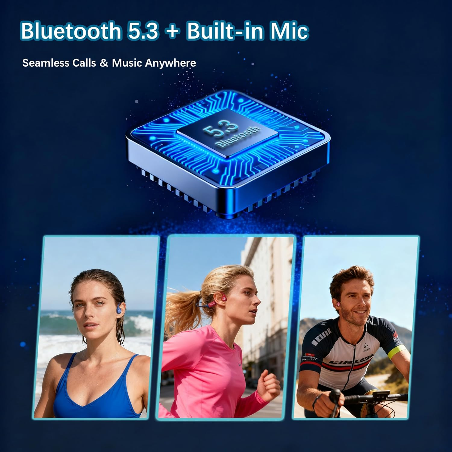 Essonio Usa Bone Conduction Headphones IP68 Waterproof Swimming Headphones with Mic Bluetooth Open Ear Earbuds with MP3 Mode 32GB Memory Deep Bass Secure Fit for Running, Cycling and Fitness, Blue - Bluered image number 6