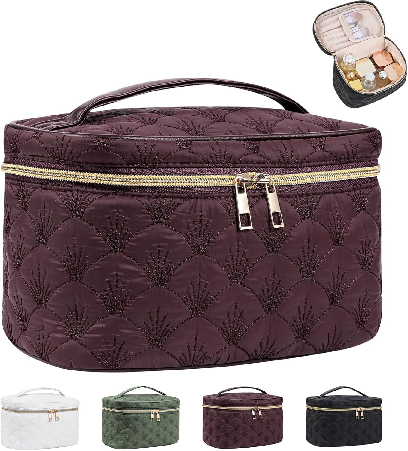 DDPOND Medium Size Quilted Makeup Bag with Brush Compartment, Coastal Granddaughter Cosmetic Bag, Seashell Portable Travel Toiletry Pouch（02White）