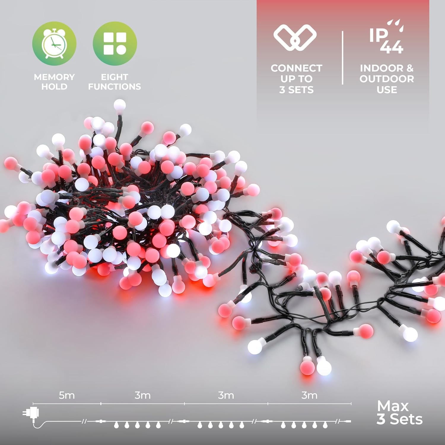 Lexi Lighting 300 Leds Connectable Cluster Fairy Chain Lights, Dark Cable, Red and White Cherry Ball, IP44, 3M Light Length, Christmas, Party, Garden, Wedding, Festival Decoration