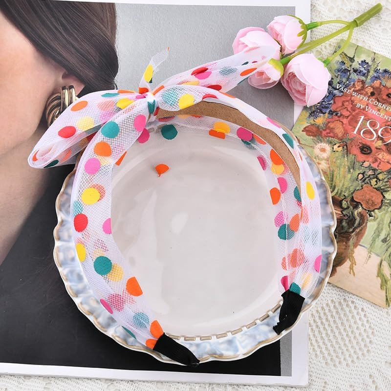 Rainbow Polka Dot Headband for Women Big White Knotted Bow Headbands with Polka Dots Headwrap Headwear Cute Hair Accessories for Girls Nonslip Wide Hairbands image number 3