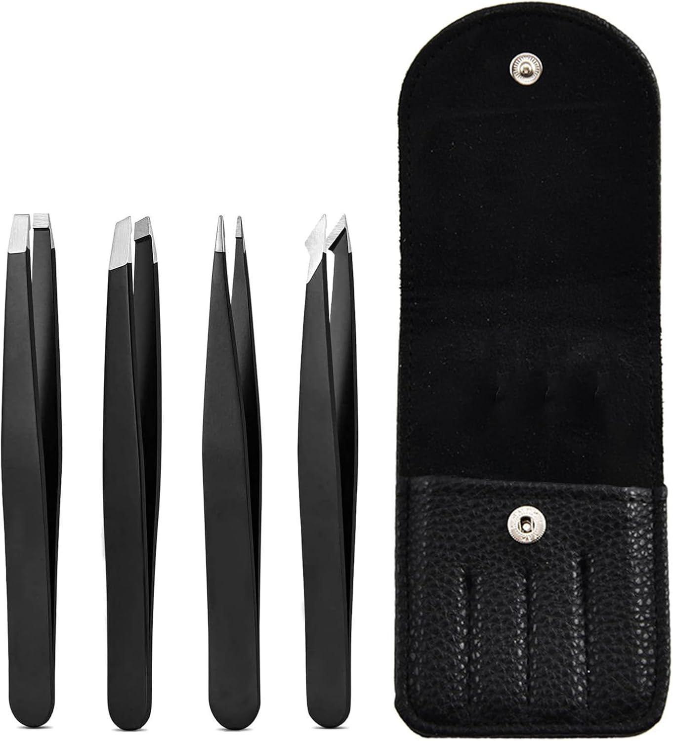 Tweezers Set, High Precision Stainless Steel Eyebrow Tweezers for Facial Hair, Inward Growing Hair and Splinter Remover Kit, Suitable for Women and Men, 4-Piece Set (Black)