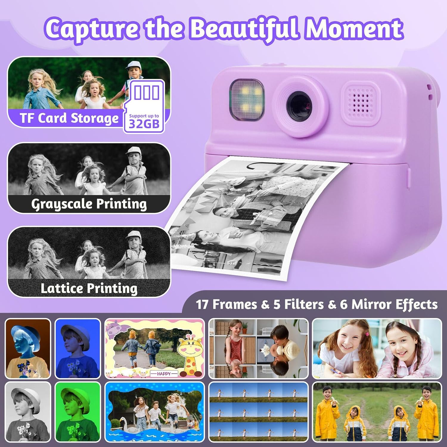 Lenoxx Kids 48MP Instant Print Camera with Dual Front & Rear Lenses, 1080P HD Video Recording, Instant Photo Printing with Paper, 2.0" HD Screen, Flash LED, Fun Effects &ndash; Purple image number 2