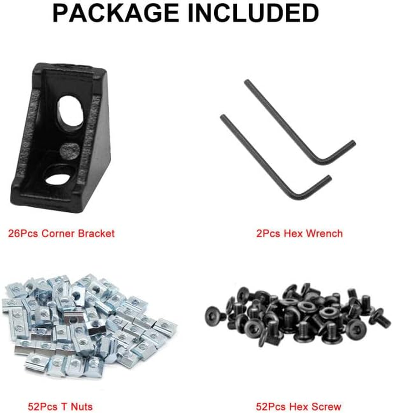 Seekliny 26Pcs 2020 Corner Bracket Connector Aluminum Extrusion Hardware V-Slot T-Slot Accessories with T Nuts and Screws for 8020 Aluminum Profile 3D Printer Frame Accessories Black image number 3