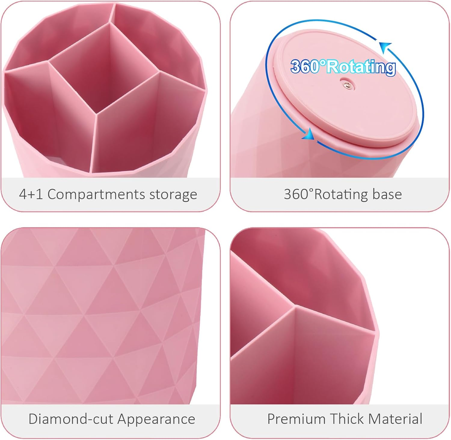 Nuozme Desk Organizer, 360-Degree Rotating Pencil Pen Holders for Desk, Diamond Pattern Pen Organizer with 5 Compartments, Cute Desk Accessories Decor for Office, School,Home,Art Supply (Pink) image number 5