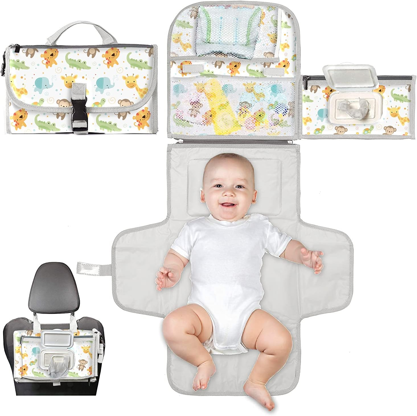 Changing Mat for on the Go Compact Changing Mat XL - Combinable Removable Changing Bag with 6 Compartments, Cloth Dispenser and Comfortable Pillow for Your Baby'S Head.