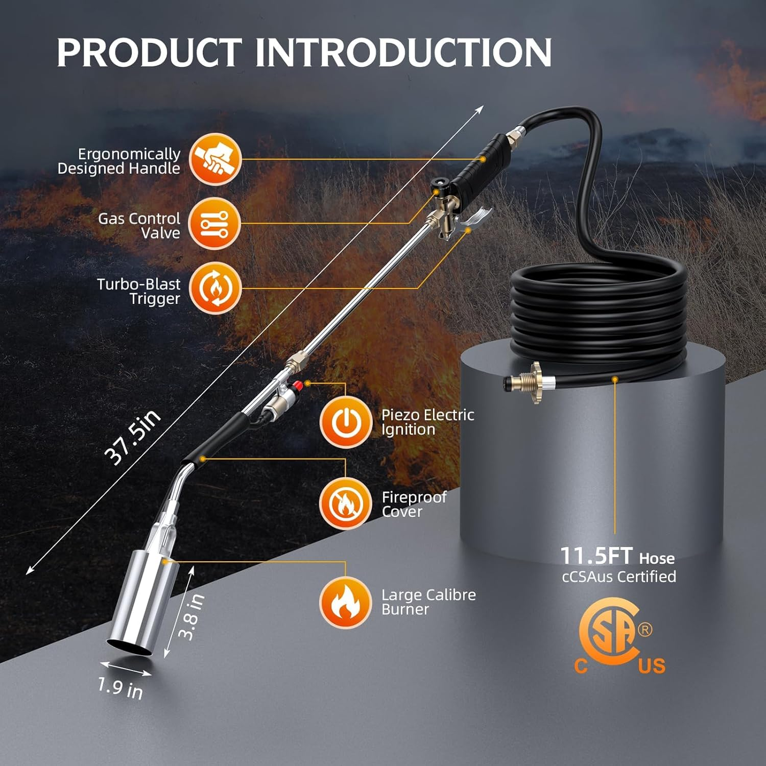 Propane Torch Weed Burner & Flamethrower, 1,800,000 BTU High-Output with 37.5" Arm, 10FT Hose & Self-Igniter for Weeding, Ice Melt, Roof Asphalt