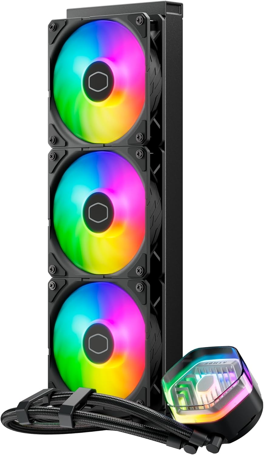 Cooler Master Masterliquid Atmos 360 Black CPU Liquid Cooler - AIO Water Cooling System, Dual Chamber Pump, Pre-Installed Sickleflow 120 Edge Fans, Addressable Gen 2 RGB, LGA1700 & AM5 Brackets