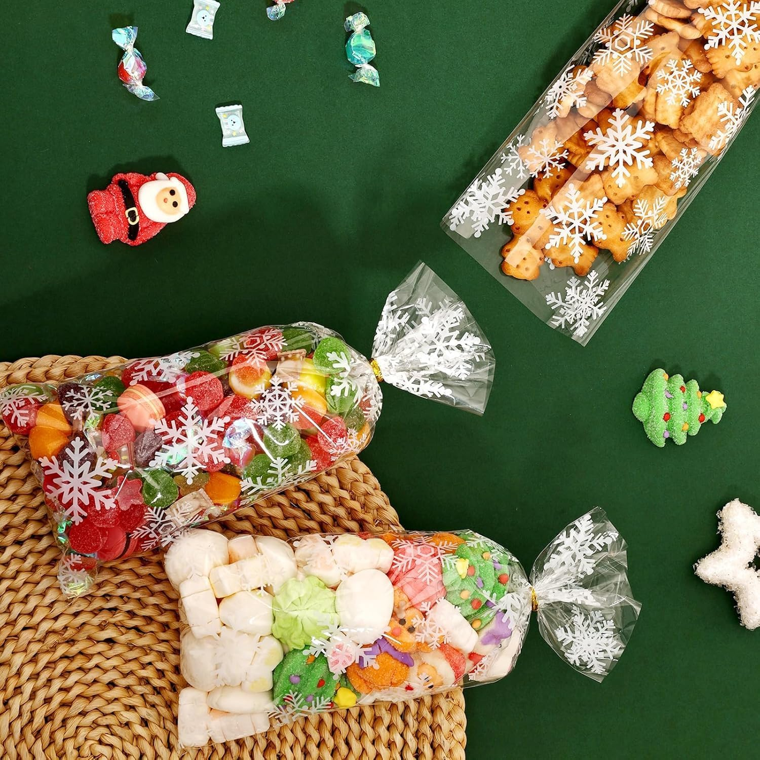 100 Pieces Christmas Treat Candy Bags, Christmas Cellophane Bag with Twist Ties Candy Cookie Bags for Party Supplies, Christmas Holiday Party Goody Supplies (White) image number 2