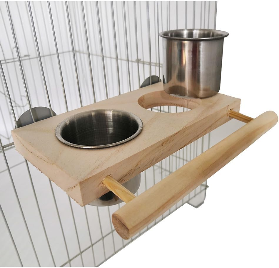 THJOPOKEEL Bird Food Stainless Steel Cup with Wooden Perch Hanging Feeder Double Bowl Parrot Feeding Tray and Water Feeding Cup with Stand, Food Water Feeder Cage Accessory Easy to Install image number 1