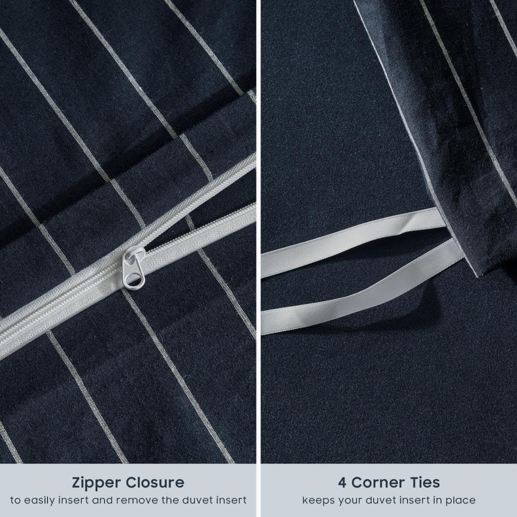 Wake in Cloud - Cotton Quilt Cover Set, 100% Washed Cotton Doona Duvet Cover Bedding Set, 3 Pieces, Pinstripe Navy Blue, Queen Size