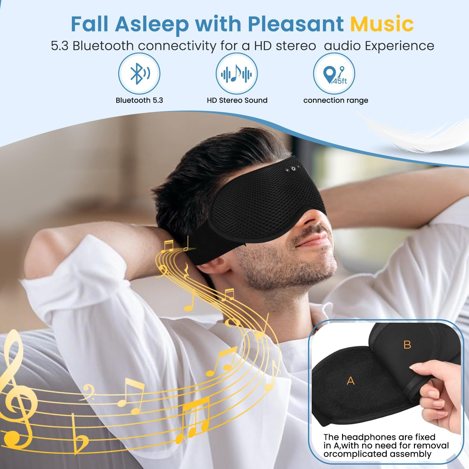 Xkimos 3D Contoured Sleep Headphones, Sleeping Eye Mask with 5.4 Bluetooth Headphones, Breathable Light Blocking Sleeping Mask Headphones,With Ultra-Thin Stereo Speakers,Cool Gadgets Mens Gifts image number 3