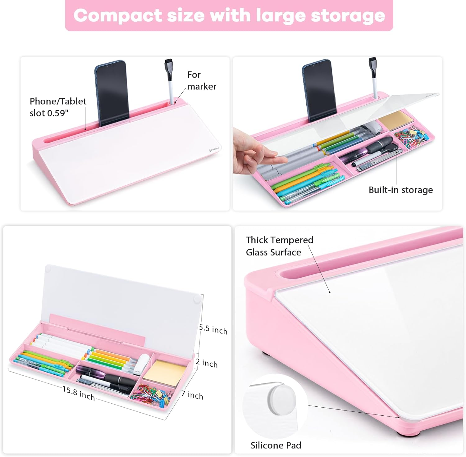 Varhomax Glass Desk Whiteboard with Storage, Desktop Organizer To-Do List Memo Notepad Dry Erase White Board for Home Office and School Supplies (Pink) - B-White image number 7