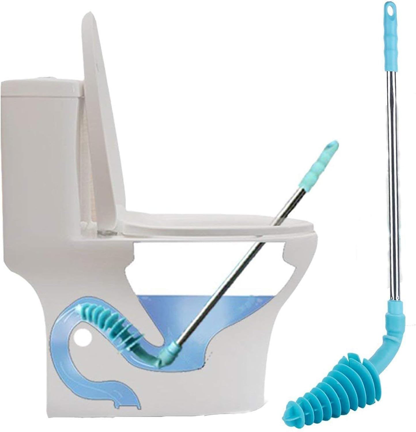 Toilet Plunger &ndash; Siphon Type Clog Remover with Flexible Rubber Head and Stainless Steel Handle, Effective Toilet Dredge Tool with Squeegee (Blue) image number 3