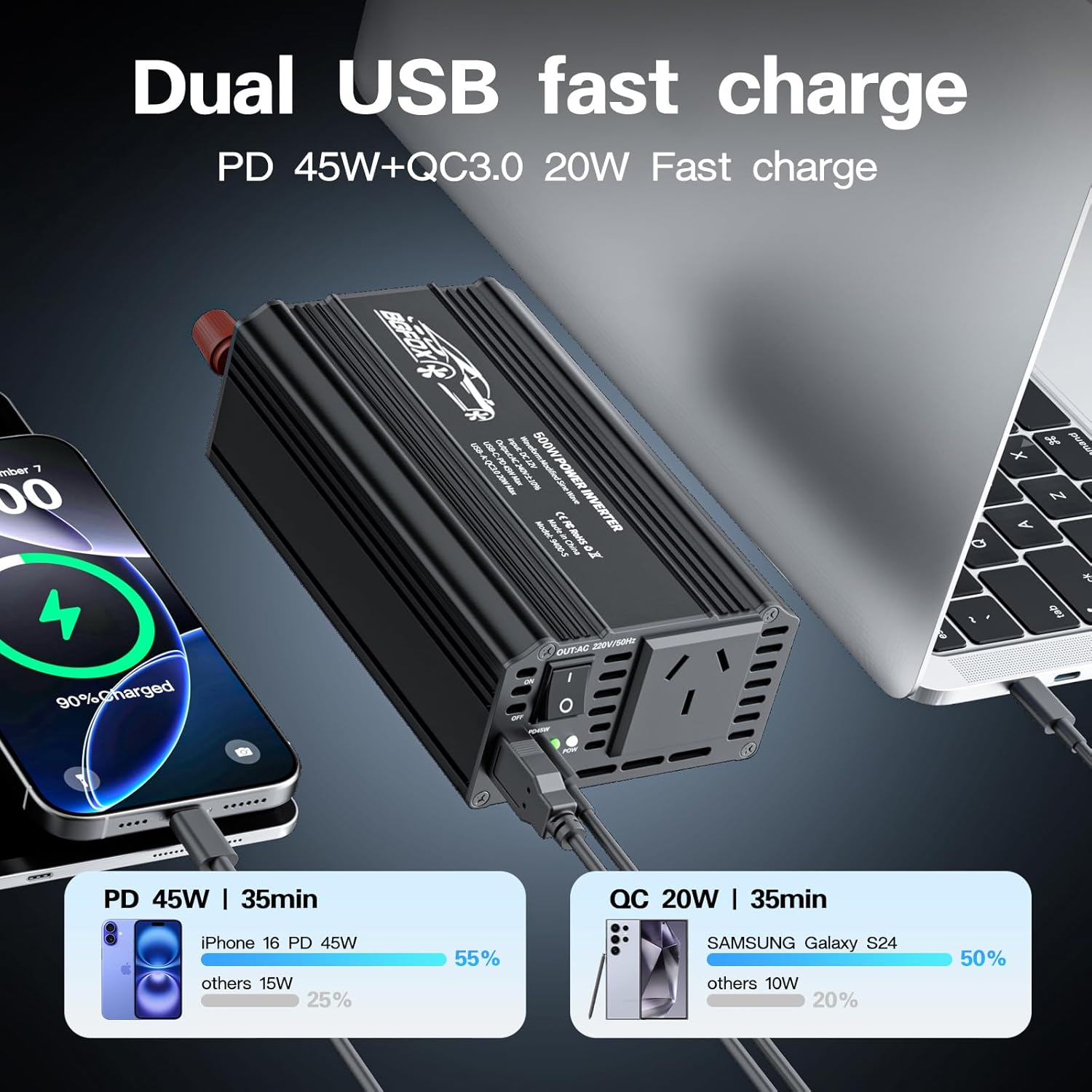 BGFOX 500W Car Power Inverter DC 12V to 240V AC Converter with 1 USB Ports and 1 PD Outlet, Car Charger Adpater for Road Trip and Camping-Black image number 3