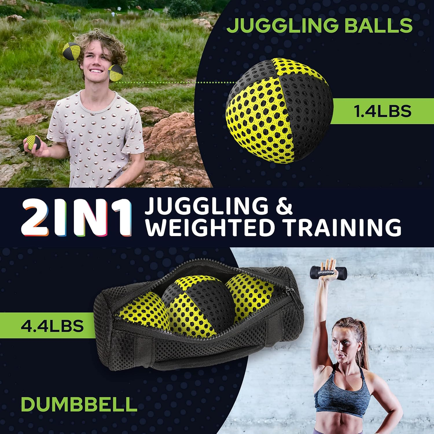 Juggling Balls for Beginners and Professionals Set of 3 Xballs, 2 Layers of Net and Carry Case, Juggle Balls for Adults and Kids (Black - Yellow, 650G) image number 5