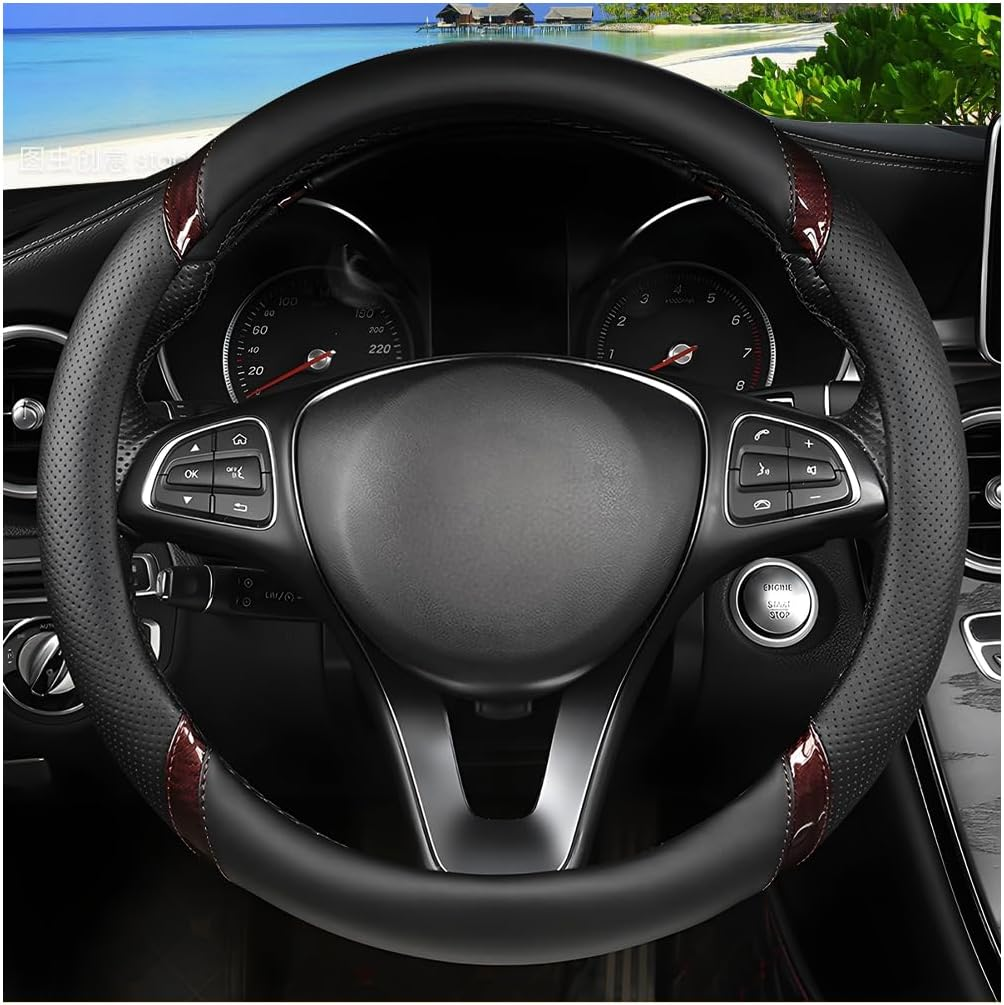 Sandfren Carbon Fiber Car Steering Wheel Cover, 15 Inch Breathable PU Leather Vehicle Steering Wheel Protector with Anti-Slip Lining, Soft Automotive Interior Accessory, Universal Fit (Black/Orange)