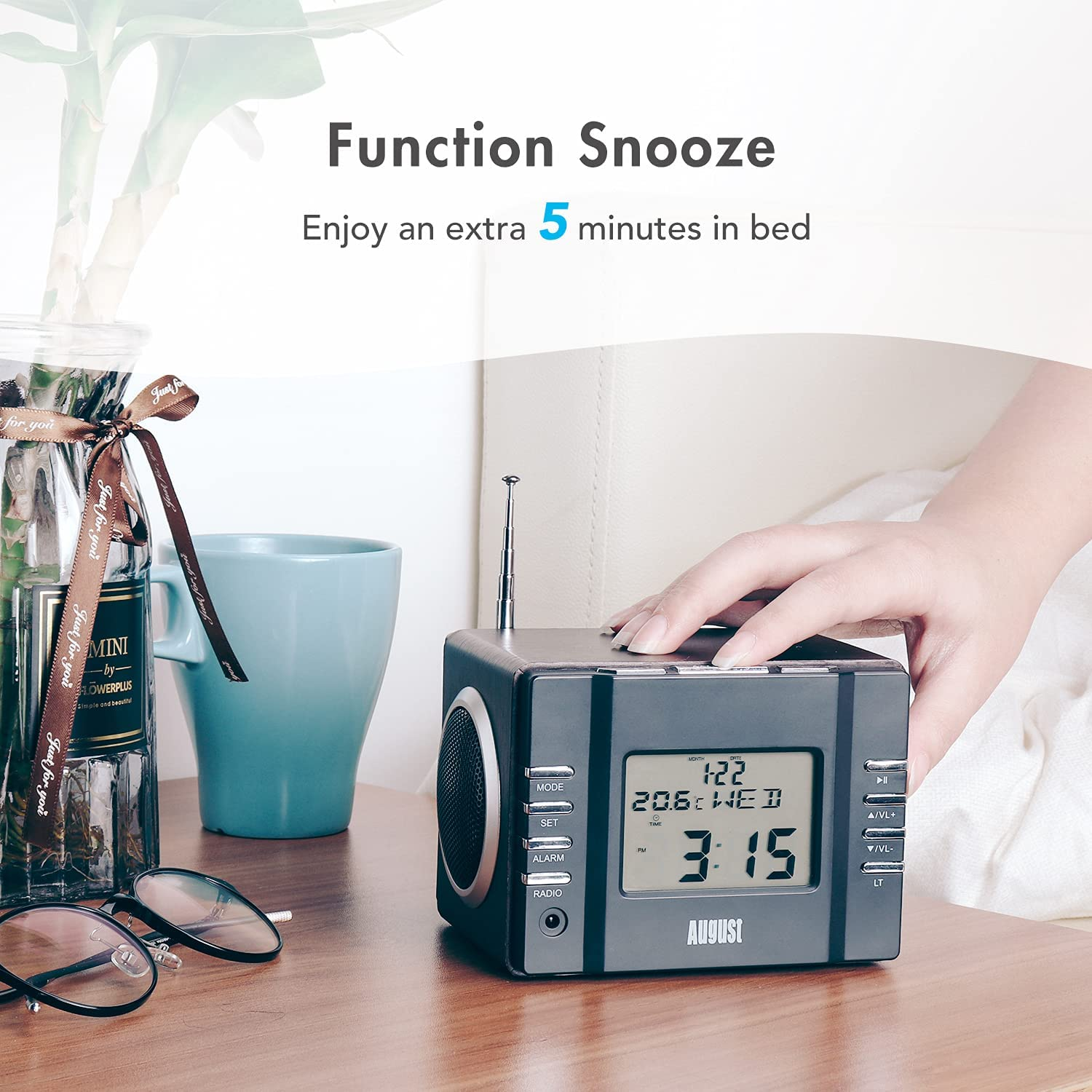 Clock Radio with MP3 Alarm - August MB300 - Wake to Your Favourite Music from USB and SD or FM Station - Rechargeable Portable Speaker with Remote Control [Dark Wood] image number 6