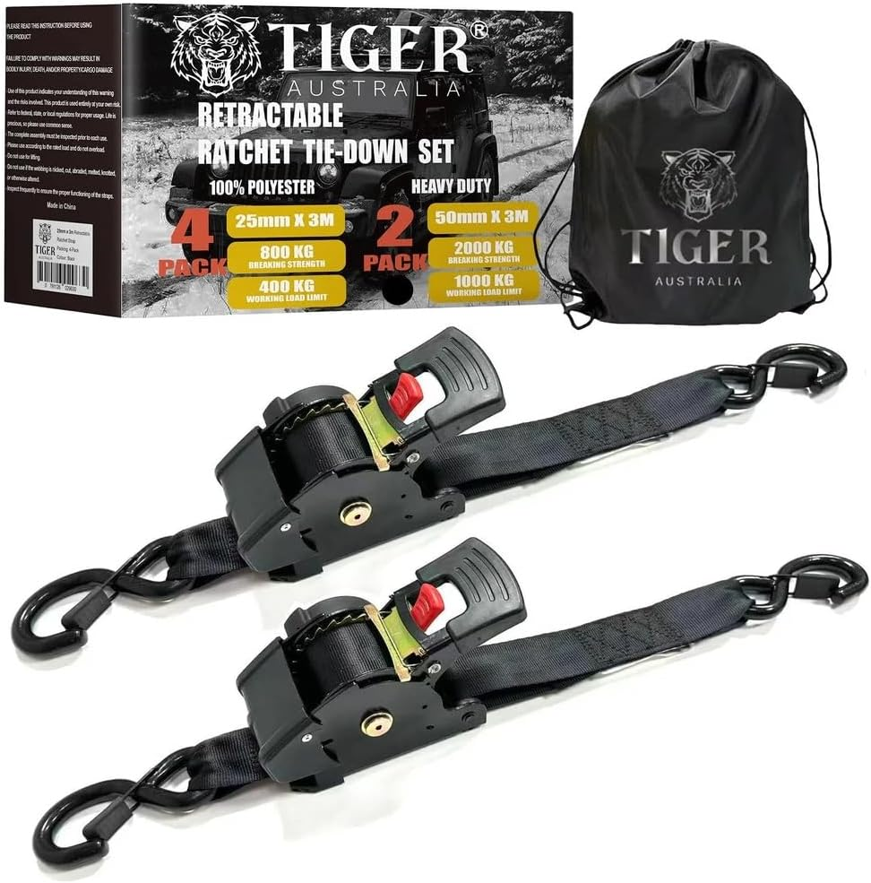 Tiger Australia Heavy Duty 50Mm X 3M Auto Retractable Ratchet Tie down Straps 2-Pack, 2000KG Heavy Duty, Upgraded to Stainless Steel Spring, S-Hooks & Storage Bag, for Trailers, Utes, Boats & Moving image number 4