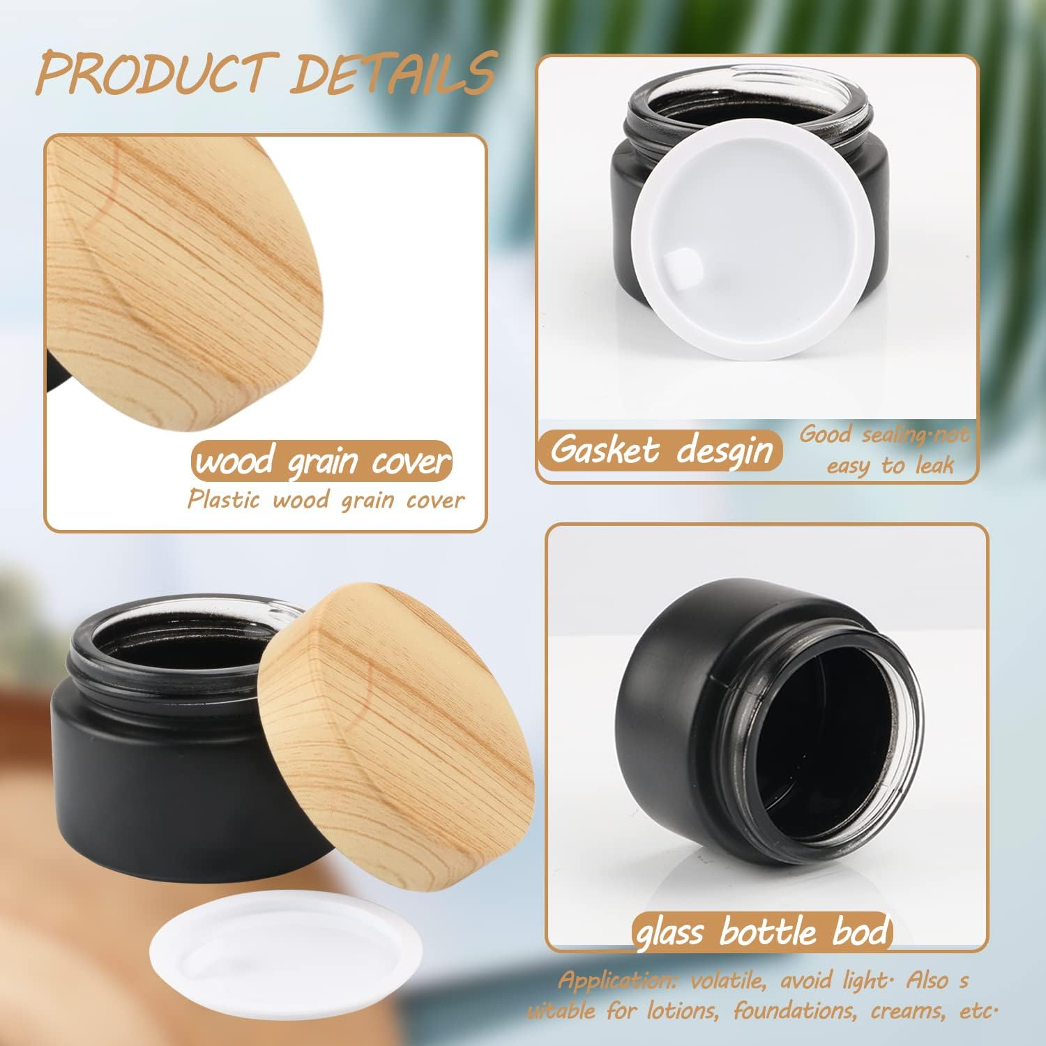 Dmuuudm 12 Pcs 1 Oz Frosted Cream Jar,Empty Refillable Glass Cosmetic Container Jars Holder with Inner Liner,Wood Grain Lid for Moisturizer,Foundation,Lotion,Ointment-Black image number 3