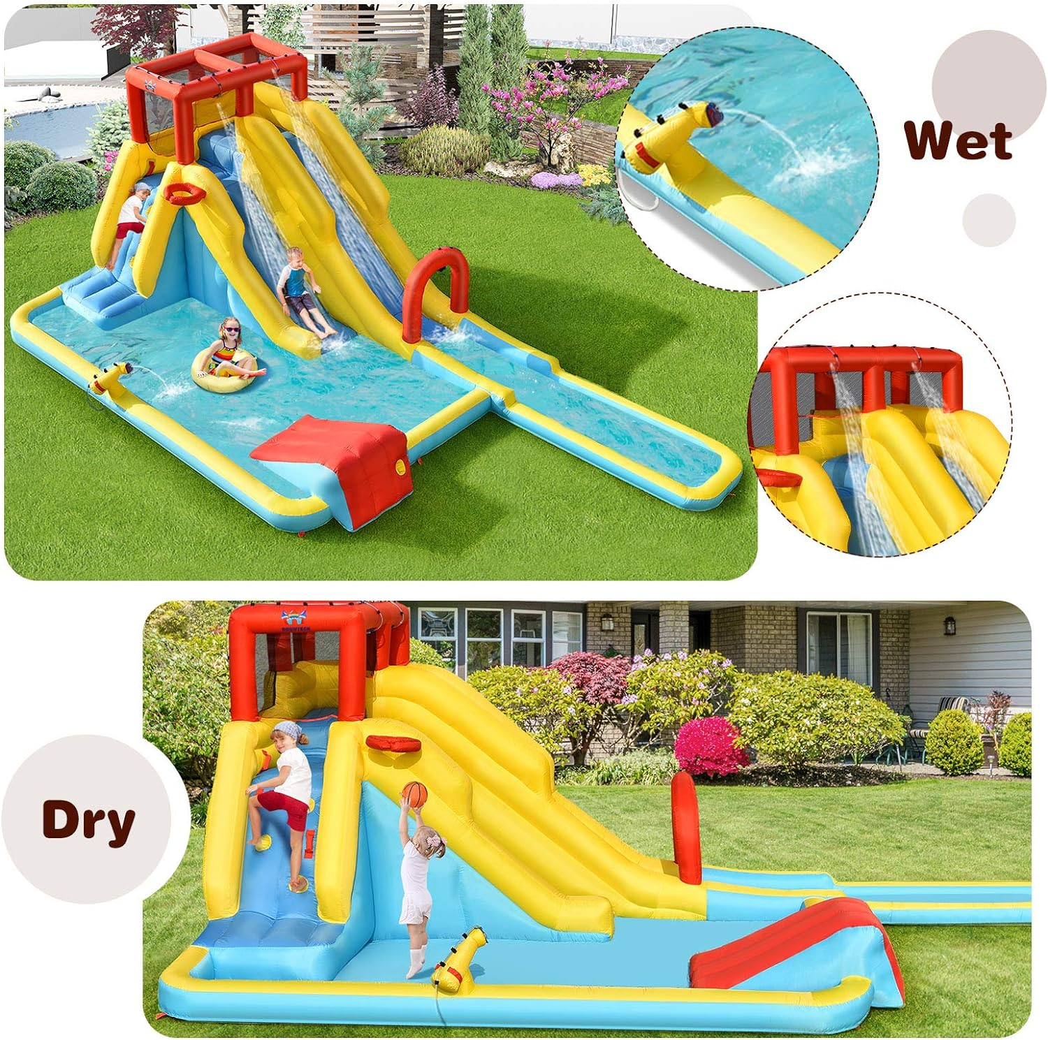 HONEY JOY Inflatable Water Slide, 7-In-1 Double Long Slide Inflatable Water Park W/Climbing Wall, Swimming Pool, Basketball Hoop, Water Gun, Water Slide for Outdoor Backyard (With 750W Blower) image number 4
