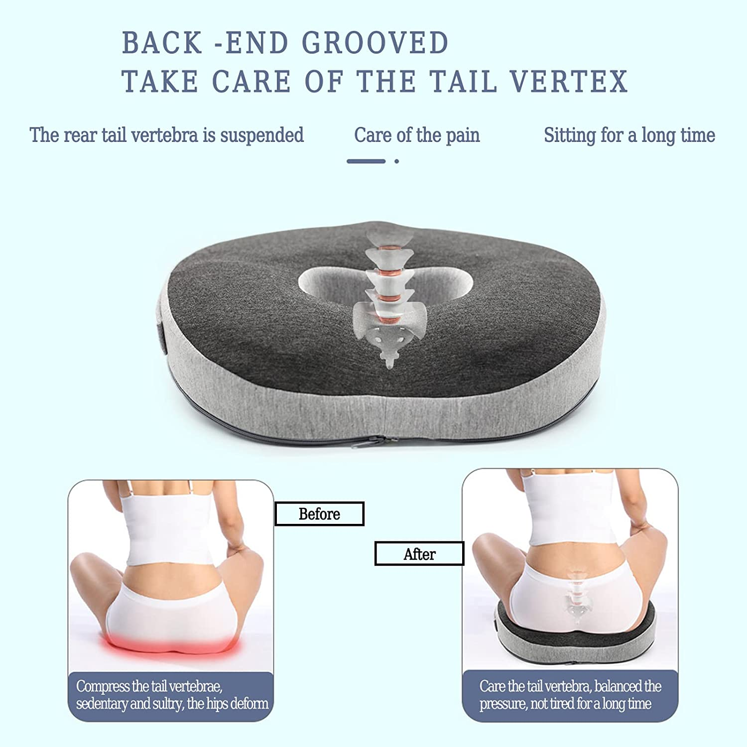 Seat Cushion with Non-Slip Bottom.Memory Foam Pad Donut Cushion for Tailbone and Coccyx Pain Relief,Hemorrhoid Orthopedic Car Seat,Lumbar and Lower Back Pain Support,For Wheelchair,Office Chair(Grey) image number 1