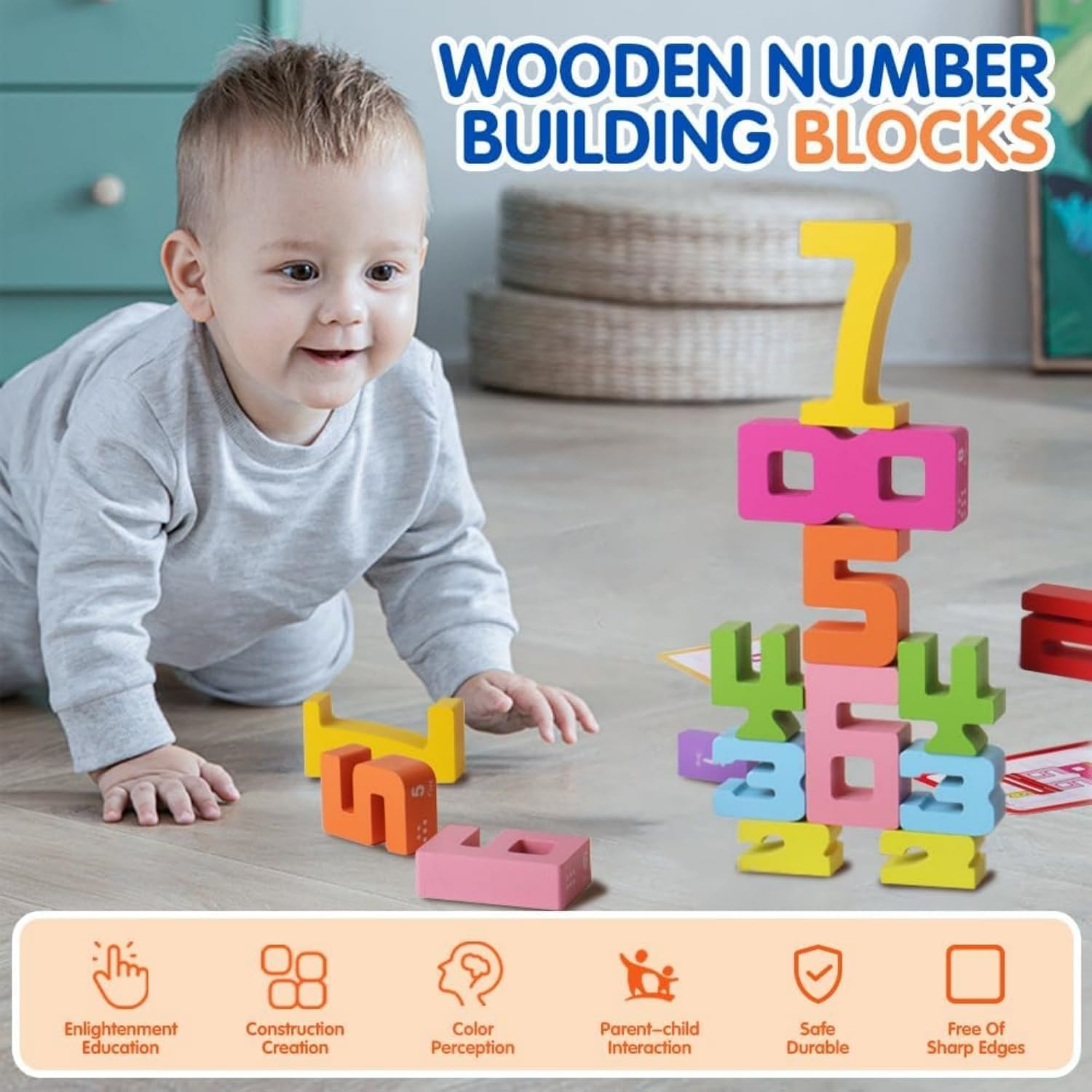 Montessori Wooden Number Building Blocks for Kids Ages 3-6 | Natural Non-Toxic Math Learning Toys with 1-10 Number Recognition & Shape Puzzles | Safe Toddler Preschool STEM Activities (1 Set of 20Pcs) - 1 Set Of 20Pcs image number 4