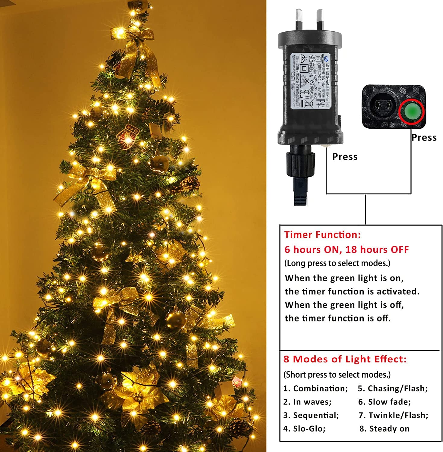 SAA Approved 3.6W AU Plug for T Tersely Fairy Light, 31V Safe Low Voltage 8 Lighting Modes Indoor Plug with Timer Function for 10M/100LED and 20M/200LED Lights image number 2