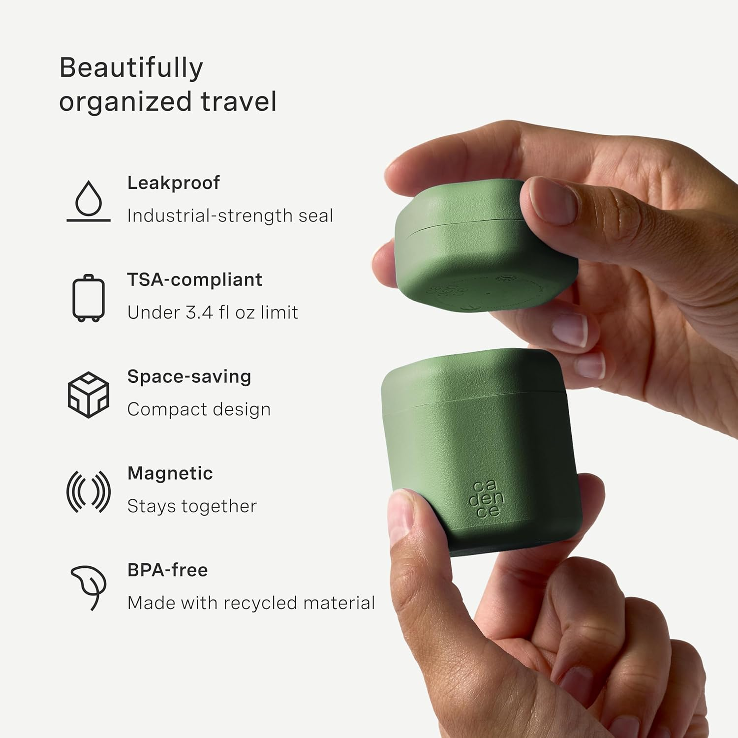 Cadence Travel Containers - 2 Piece Body Care Capsule Set - Magnetic Containers W/ Lids - Carry on Travel Essentials for Women/Men - 1 Small & 1 Medium Capsule - Body Wash & Lotion Labels - Evergreen