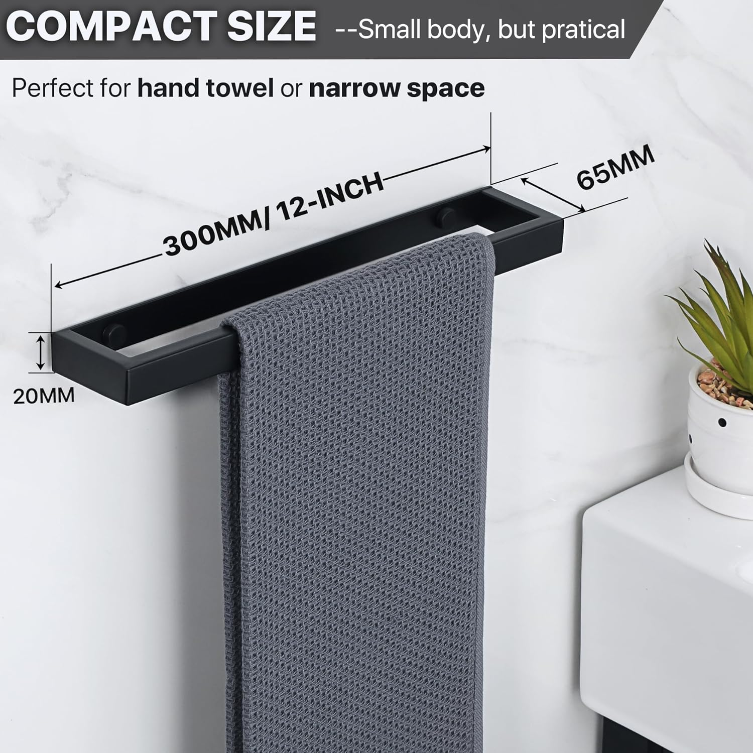 SAYAYO Towel Bar for Bathroom Black, 12 Inch Hand Towel Holder Self Adhesive Towel Rack Sticky Stainless Steel Wall Mounted, No Drill image number 2