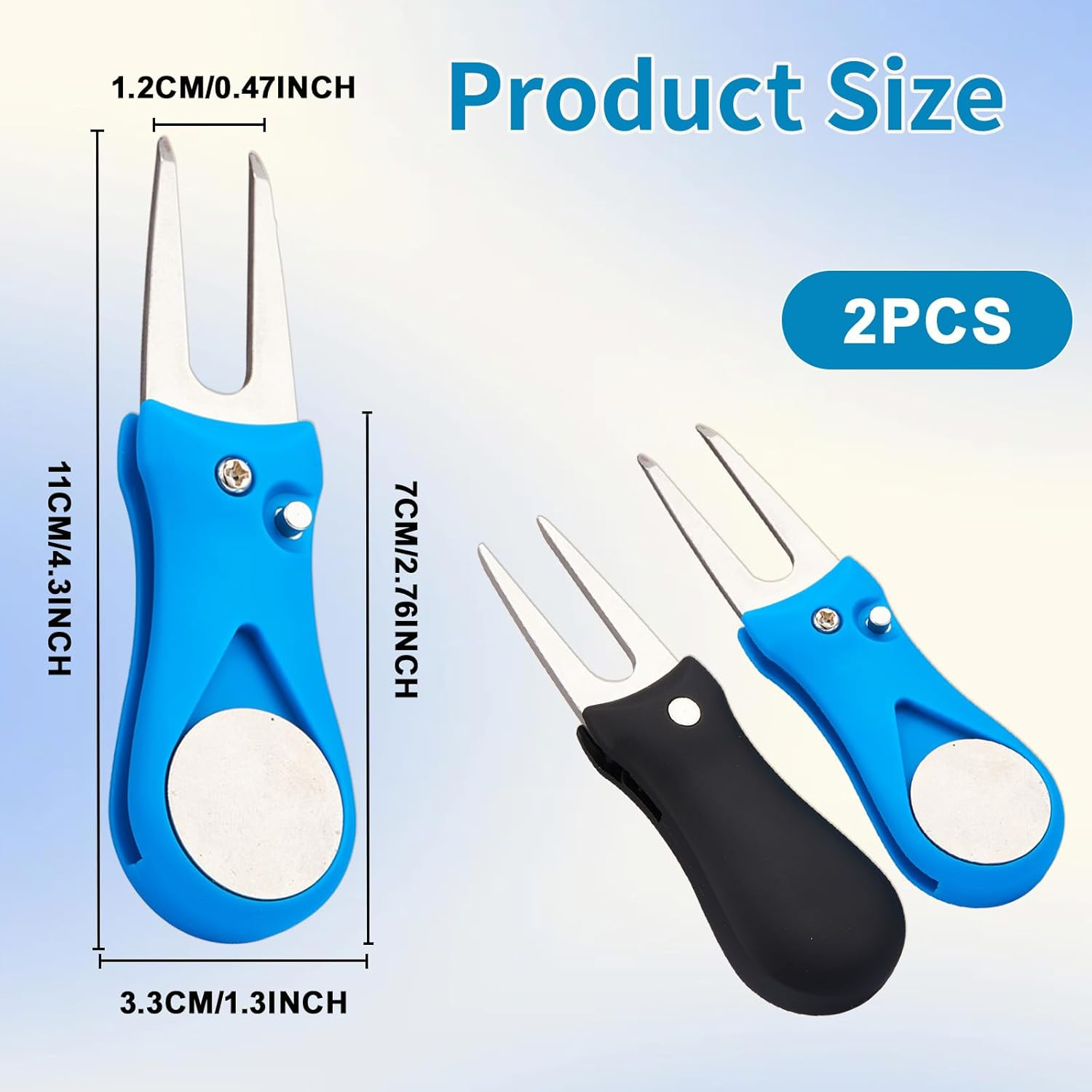 Golf Divot Repair Tool, 2 Pack Divot Fork with Magnetic Button Ball Marker, Stainless Steel Foldable Pop-Up Divot Turf Fork Metal Putting Fork Golf Green Tool for Golfers, Black & Blue image number 4