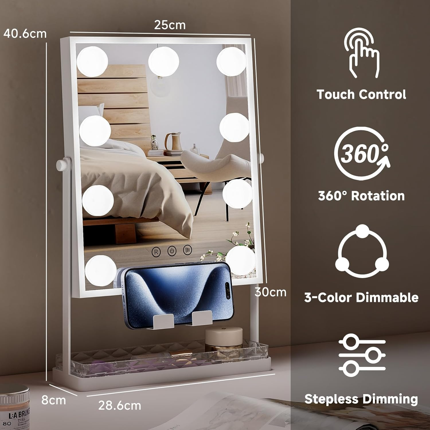 AOBOSI Vanity Mirror with Detachable 10X Magnifying Mirror, Hollywood Makeup Mirror with 9 Dimmable Bulbs, 3 Color Lights, Adjustable Brightness, 360&deg; Rotation, Storage Base & Phone Holder, White image number 6