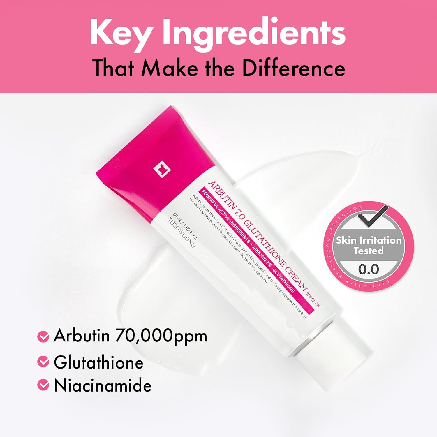 TOSOWOONG Arbutin 7% Glutathione Cream, 70,000Ppm Arbutin + 5,001Ppm Glutathione, Niacinamide, Dark Spots, Freckle, Blemishes, Pigmentation, Dullness, Uneven Tone, Korean Skin Care, 50Ml, 1.69 Fl.Oz. image number 5