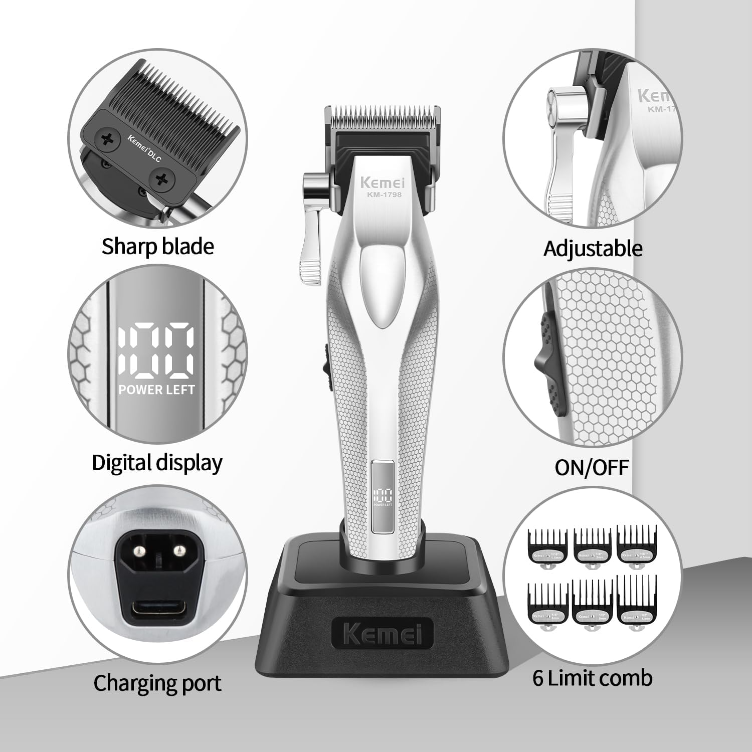 KEMEI KM-1798 Professional Hair Clipper for Men, Cordless Beard Trimmer, Barber Clippers with USB Rechargeable, Edgers, Fade Clipper, Gift for Men image number 3