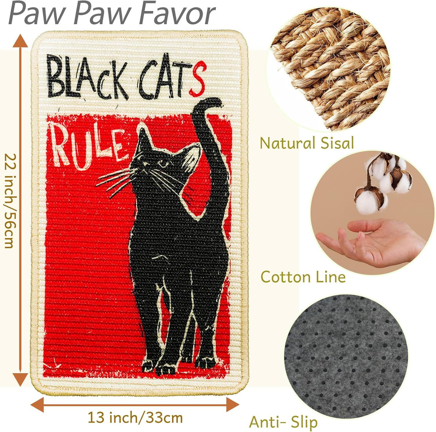 SOLDAY Sisal Cat Scratcher Mat for Floor Wall Carpet Couch Furniture, 22X13 Inch anti Scratch Furniture Protector, Cat Scratching Posts Board with Velcro Tape(Black Cat Rules) - Cow Cat image number 2