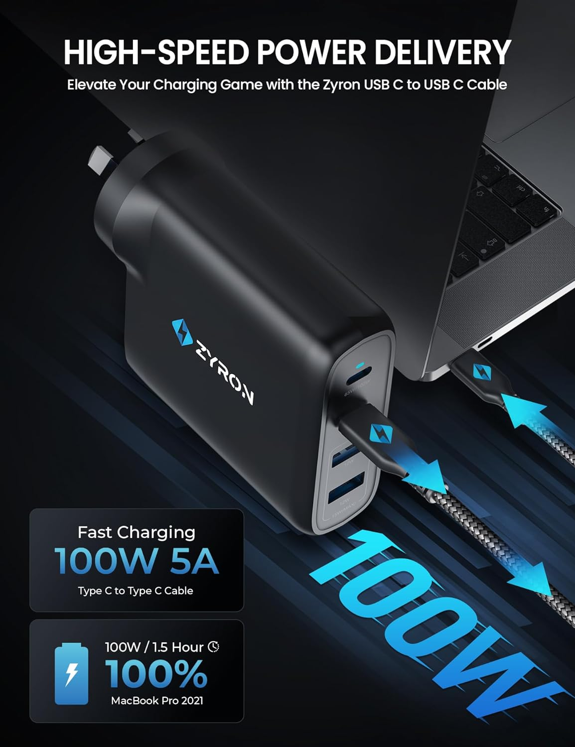 ZYRON 100W USB-C to USB-C Cable 3M, 5A Fast Charging Long Nylon Braided USB C Cable, PD 3.0 Type-C Cord for Macbook Pro, Iphone 16/15, Samsung, Ipad, Laptop (3 Metre) image number 6