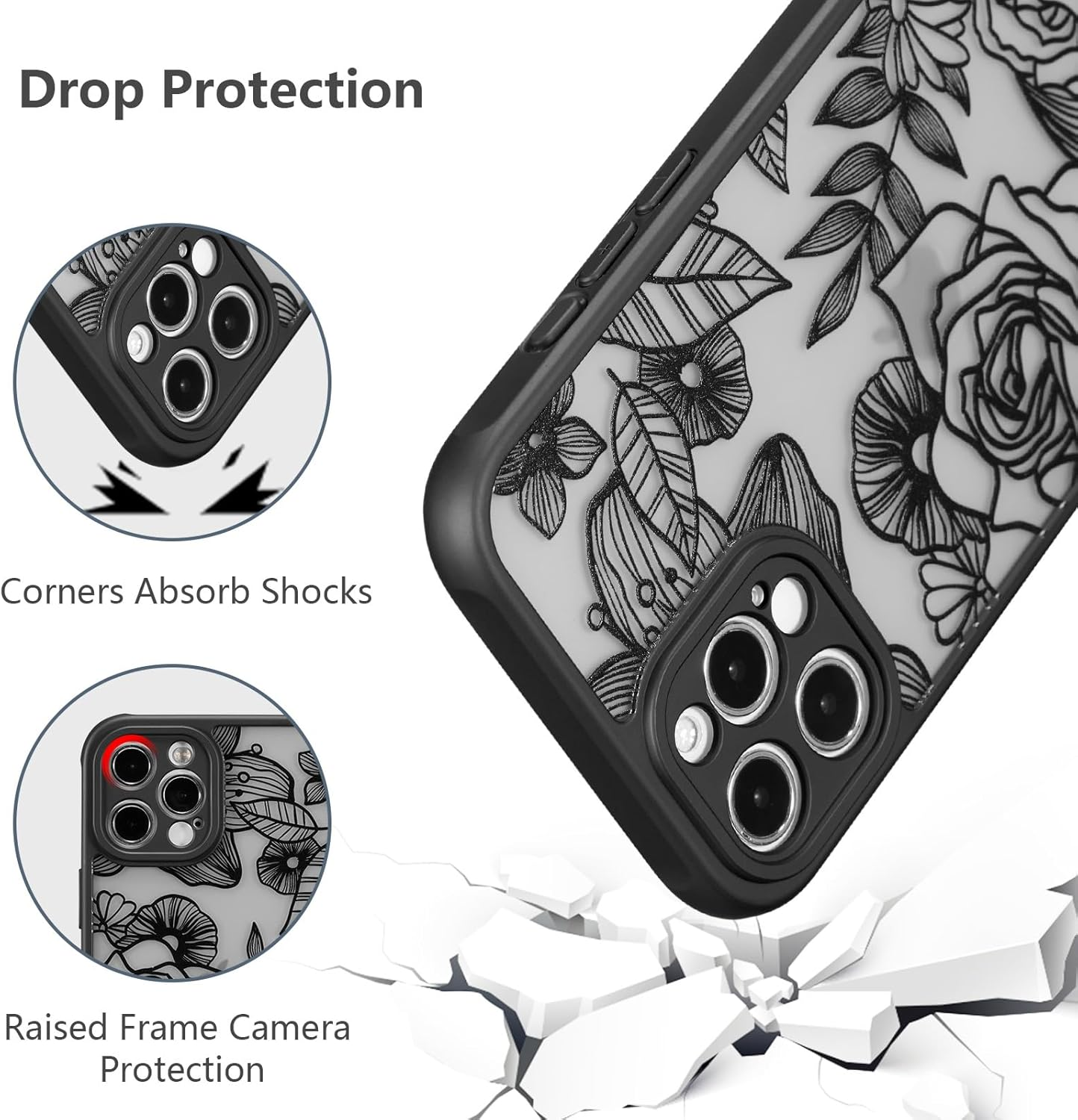 XIZYO for Iphone 16 Pro Case, Floral Rose Cute Phone Case for Women Girls Aesthetic Pattern Print Slim TPU Bumper Shockproof Protective Cover for Iphone 16 Pro 6.3 Inch, Black image number 7