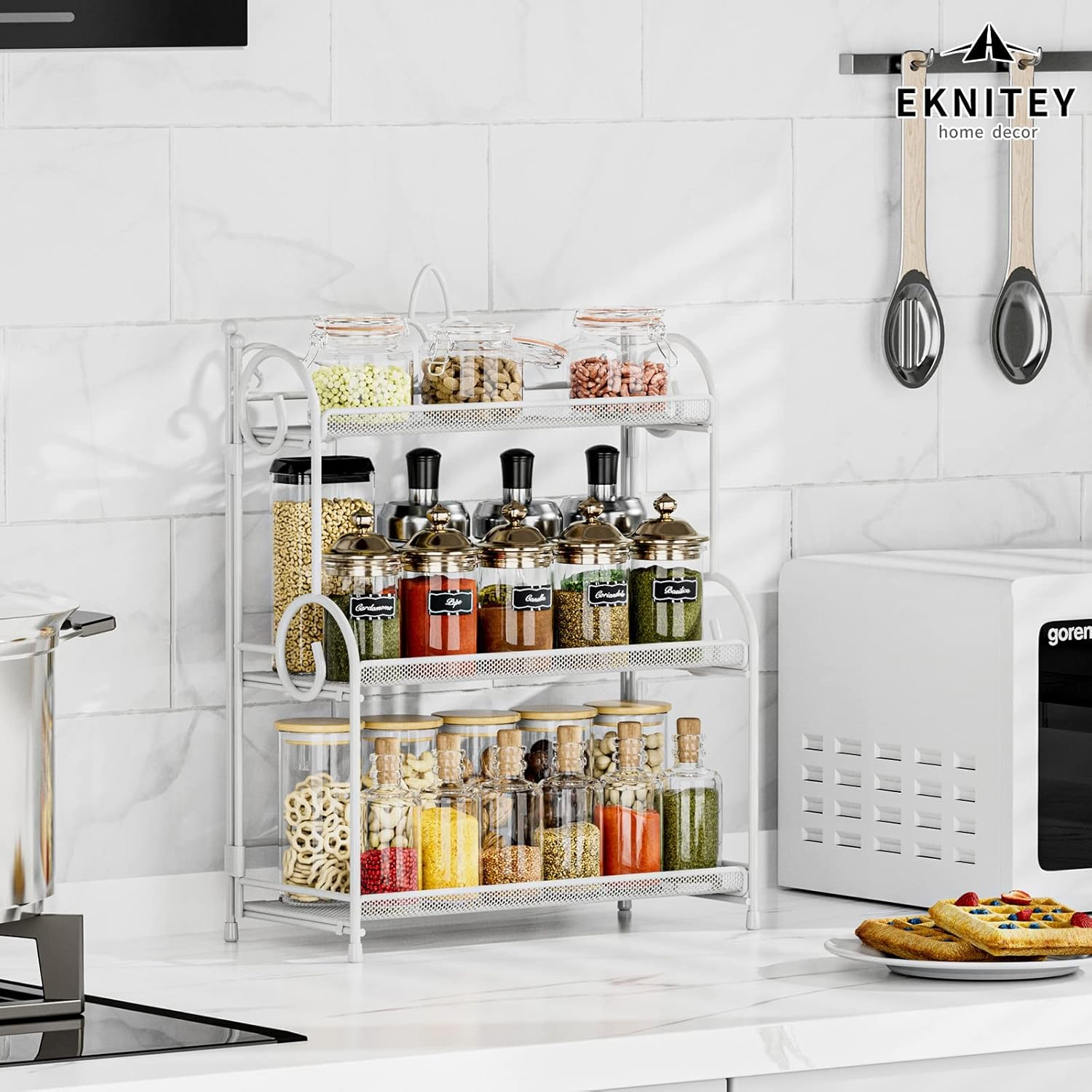 EKNITEY 3-Tier Bathroom Organizer - Sink Organizer Spice Rack for Countertop Storage, White (No Assembly) - Black image number 3