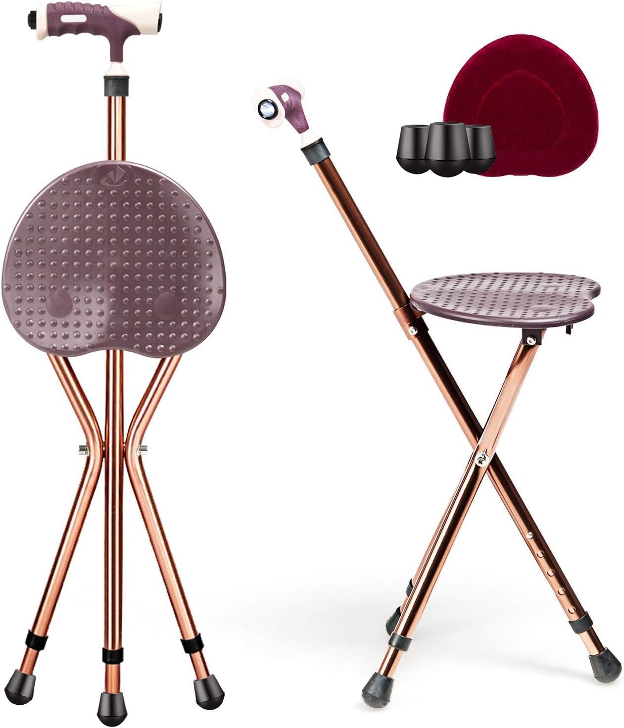 Costway Folding Cane Seat, Portable Multifunctional Aluminum Crutch W/LED Light & Ergonomic Handle, Height Adjustable Walking Stick, W/Massage Seat Board, Anti-Skid Pads