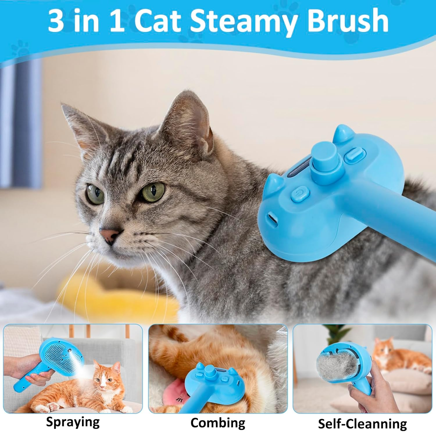 Spray Comb for Cats, Steamy Cat Brush, Cat Brush with Release Button, Cat Brush, Short Hair, Pet Dog Brush, Cat Brush, Multifunctional Cat Spray Massage Comb, Blue