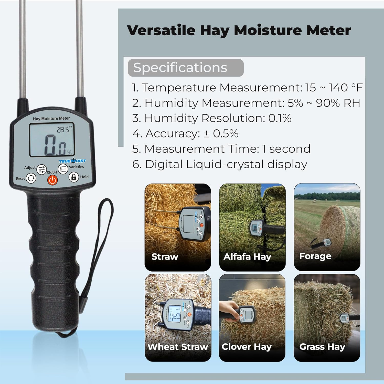 Digital Hay Moisture Meter Tester, Hay Moisture Probe with Truemoist&trade; Technology for Accurate Realtime Monitoring and Optimal Hay Quality, Wheat Straw Alfafa Forage Hay - 1 Year Warranty image number 6