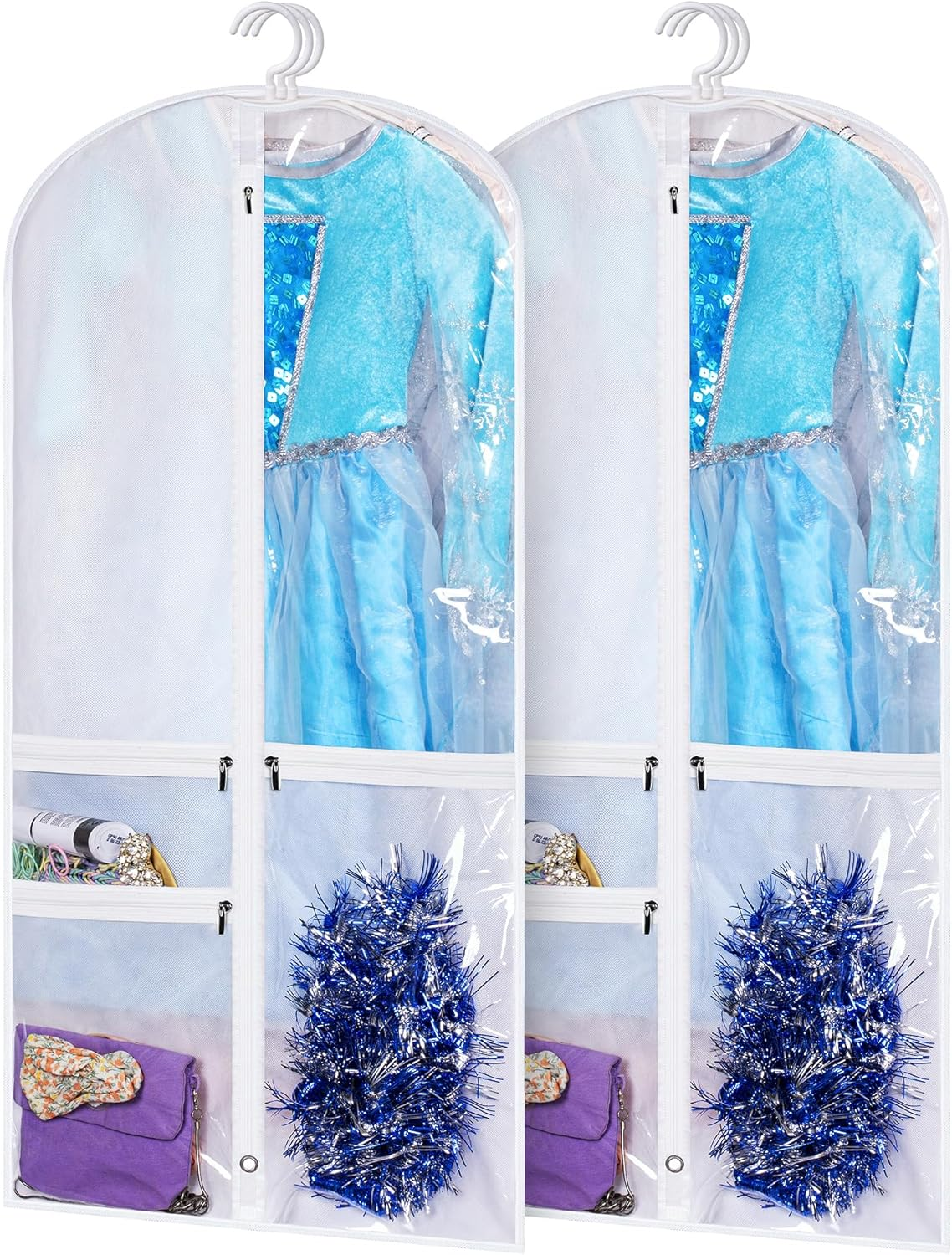 Kimbora Costume Dance Garment Bag with 3 Clear Zipper Pockets for Suits Dress Cover, Travel & Competitions Protector, Set of 2