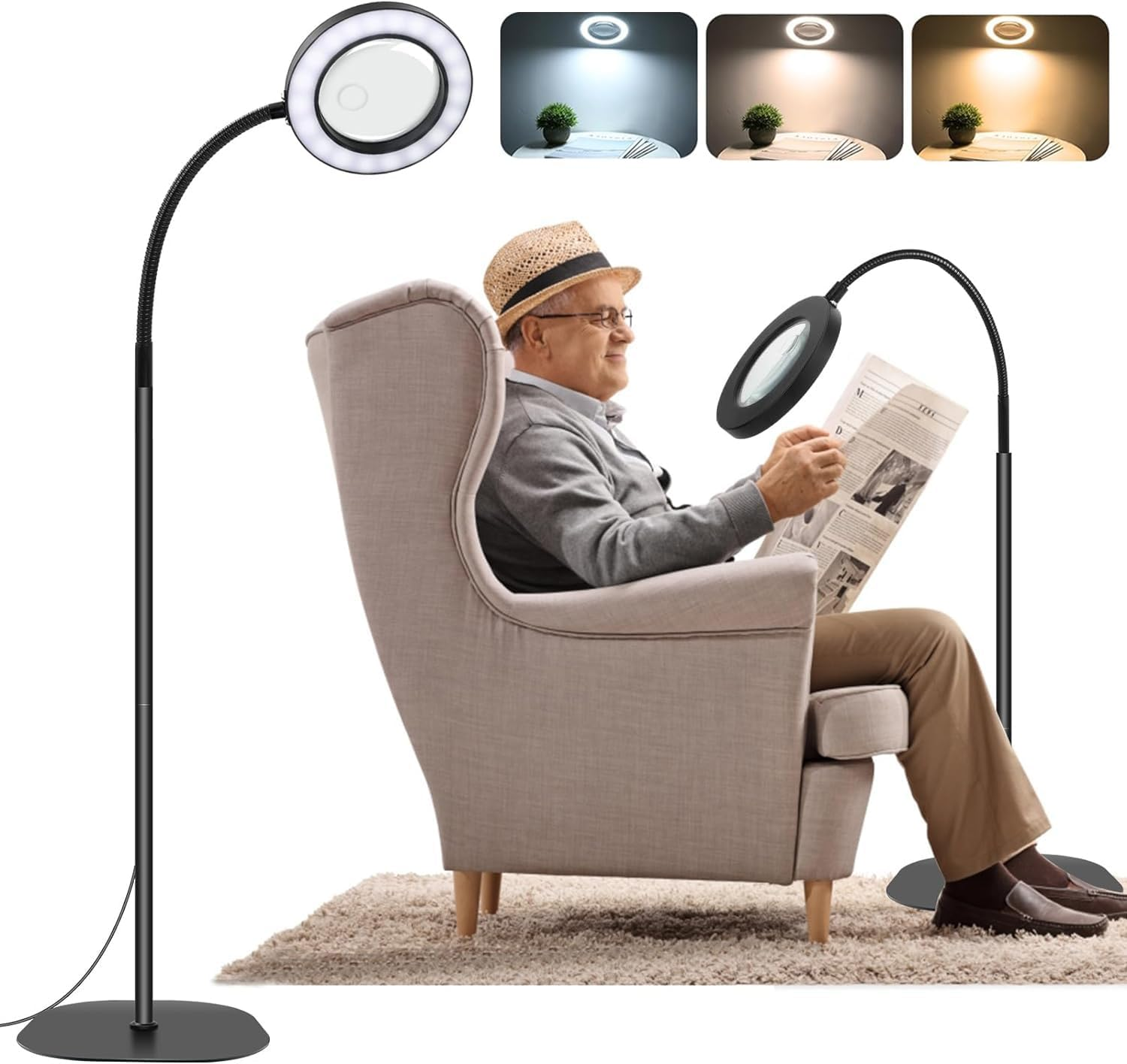 Magnifying Floor Lamp, 5X 10X Magnifying Glass with Light with 3 Color Modes and Dimmable Adjustable Brightness, 72 LED Gooseneck Standing Magnifying Glasses Lamp for Repair, Reading, Crafts image number 5