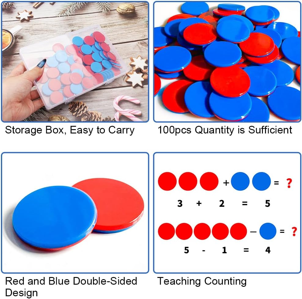 Pack of 100 Reversible Plates Red Blue Plastic for Maths Calculation Aid, Calculation Plates, Counting Chips for Children'S Hands, Mathematics Reversible Plates for Primary School, Learning Aid image number 3