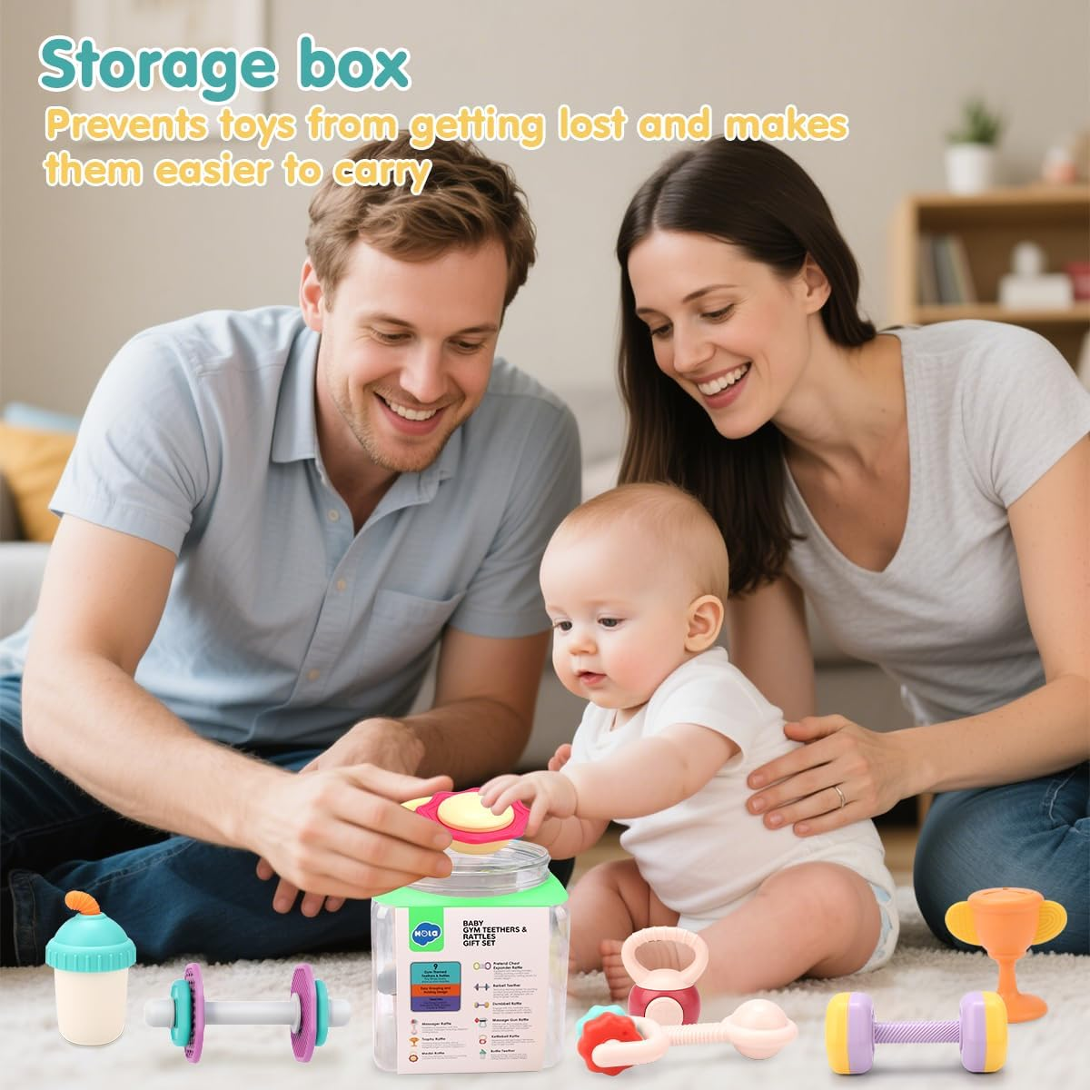 Kaekid Baby First Gym Rattle Set, Infant Dumbbell Weights Teething Rattles 3-6-12 Month, Babies Development Sensory Toys with Storage Box, Newborn Boys and Girls Birthday Gift image number 6