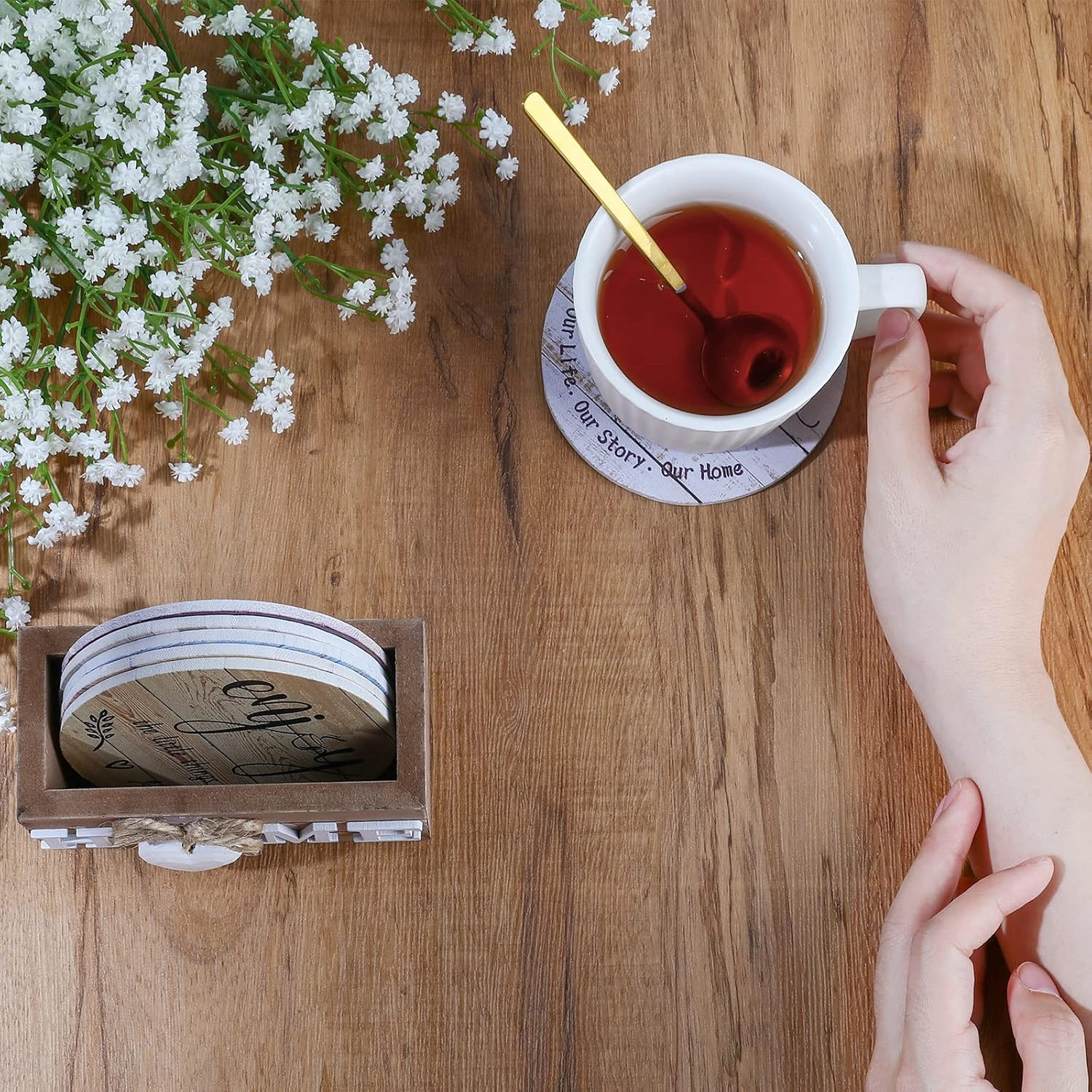 Queekay Housewarming Gifts for Home Decoration Wooden Heart Coasters Drinks Set of 6 Farmhouse with Holder Funny Family Friend Coffee Table Protection, 4 Inch (Brown) (Bd-Queekay-272681) image number 3