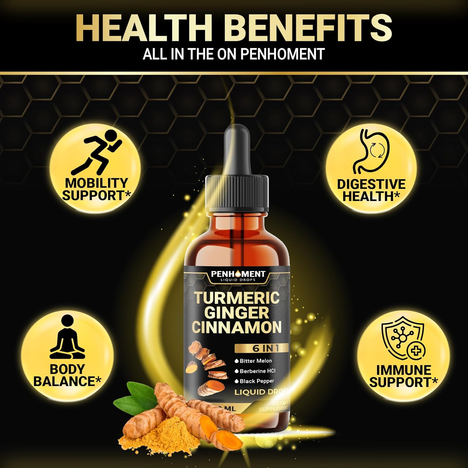 PENHOMENT 6In1 Liquid Turmeric Ceylon Cinnamon Berberine Ginger Bitter Melon & Black Pepper &ndash; Turmeric Supplement Drops for Digestive Health & Mobility &ndash; 1 FL OZ &ndash; 60 Servings image number 1