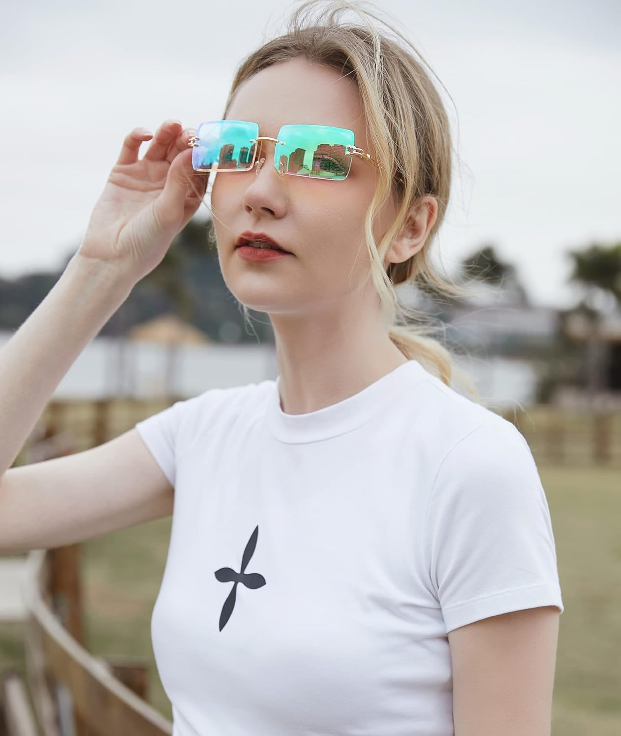 FEISEDY Vintage Rimless Sunglasses for Women Candy Color Sun Glasses UV400 Protection Rectangle Frameless B2642 image number 5