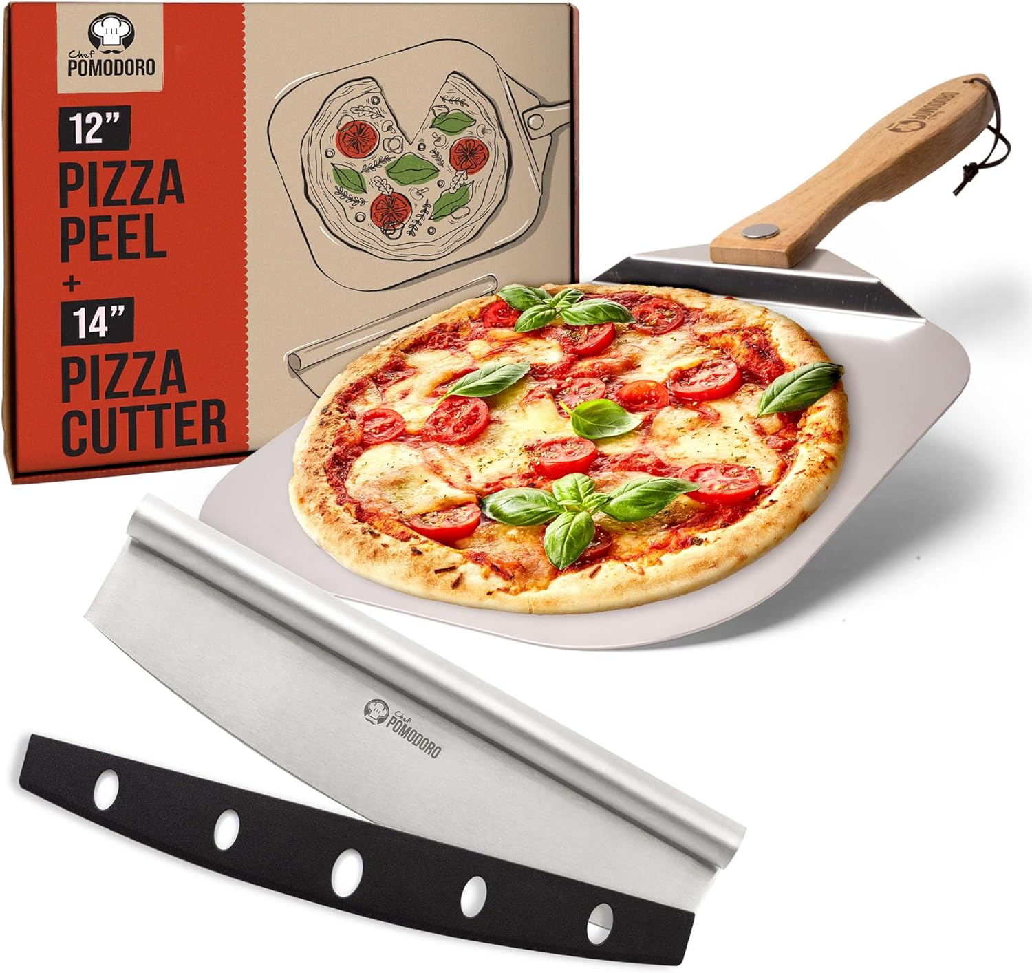 Chef Pomodoro Pizza Peel 12X14" (30X36 Cm) & 14" (36 Cm) Stainless Steel Pizza Rocker Cutter Set - Metal Pizza Peel Paddle, Pizza Spatula Paddle, Pizza Cutter Rocker Blade, Pizza Slicer image number 3